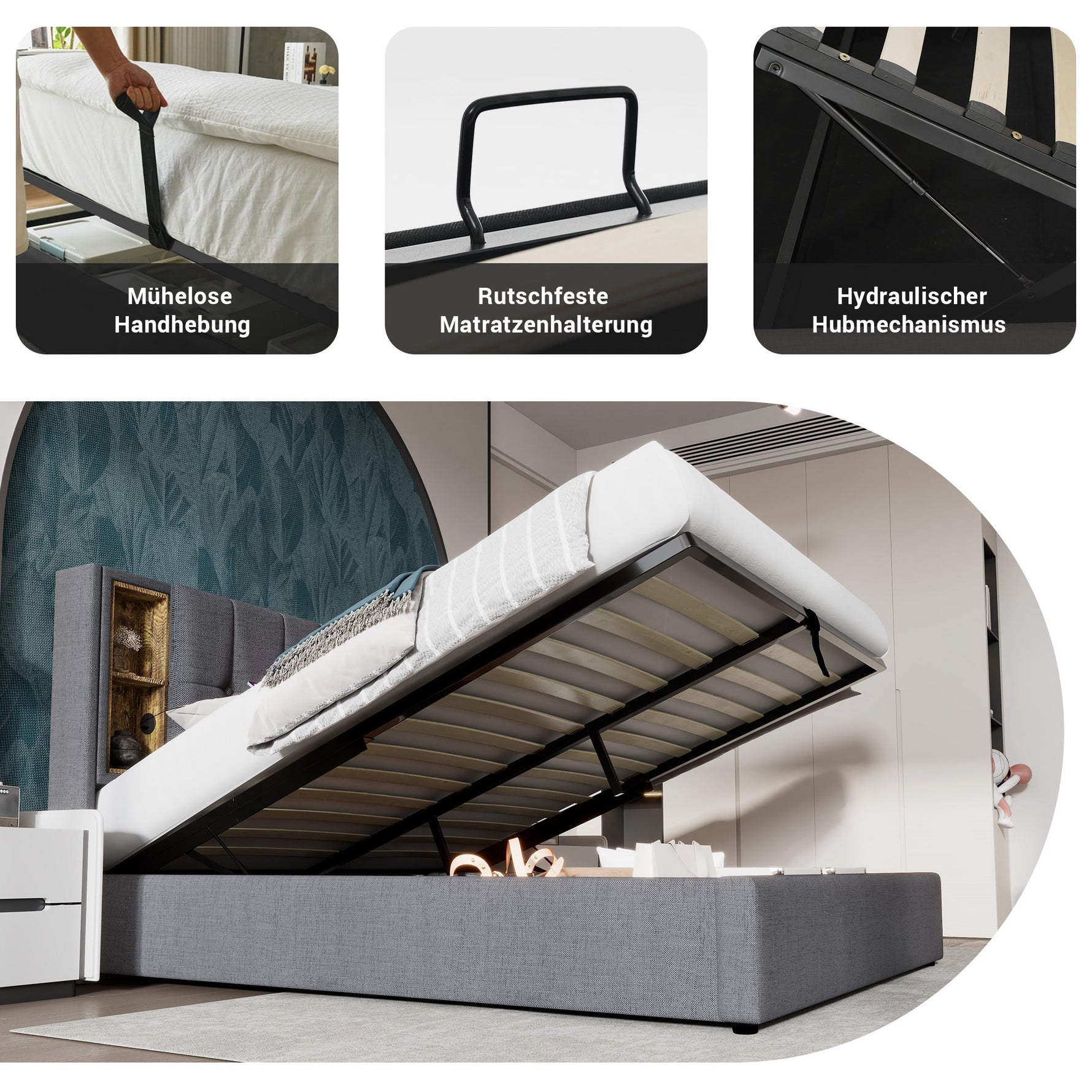 Double Bed, Wireless Charging, 180x200cm, Storage, Grey Cotton