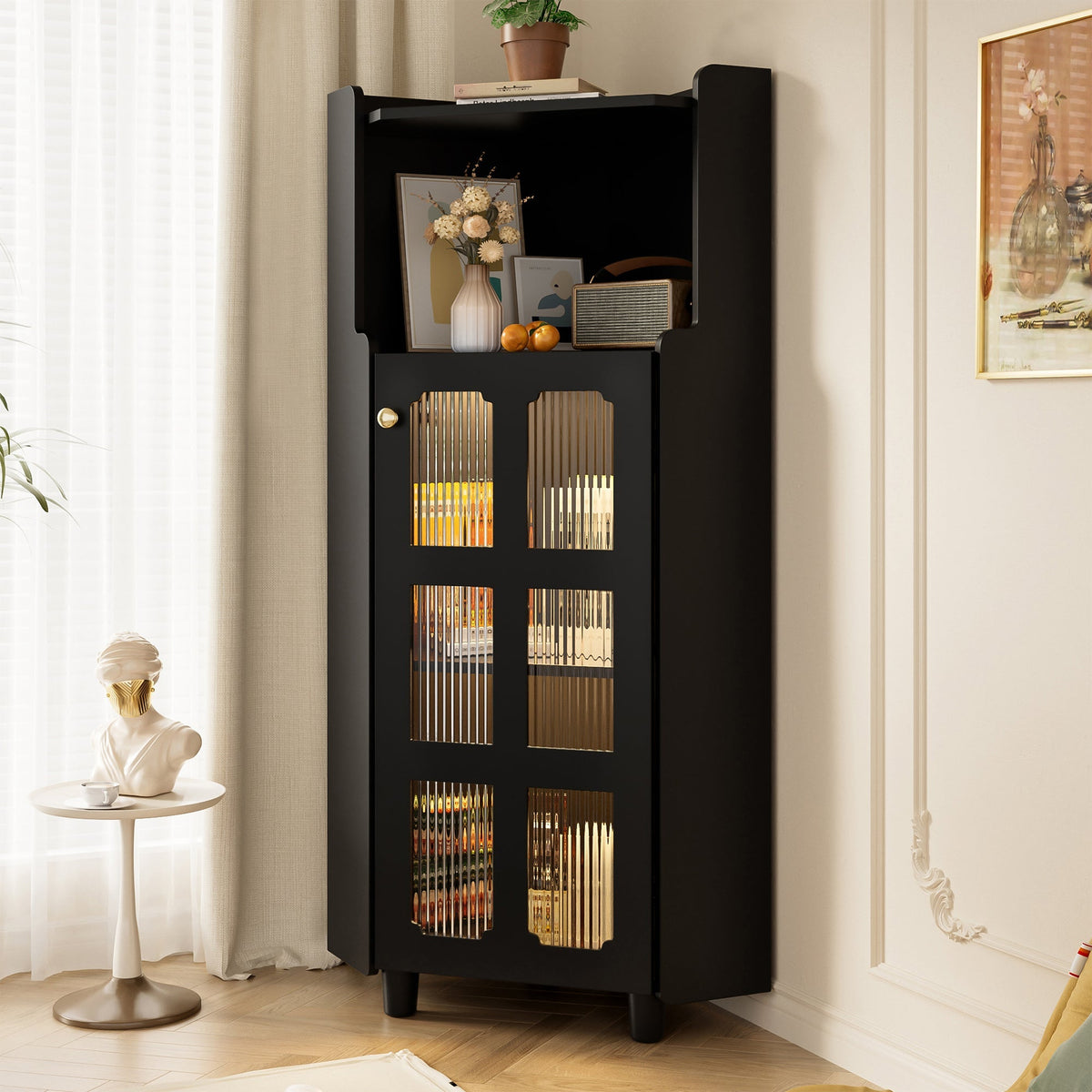 Corner Cabinet Modern LED App Control Storage - Black Lacquer