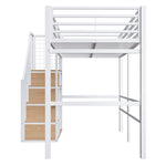 Loft Bed with Safety Ladder and Storage Area, 90x200cm, White Iron Frame