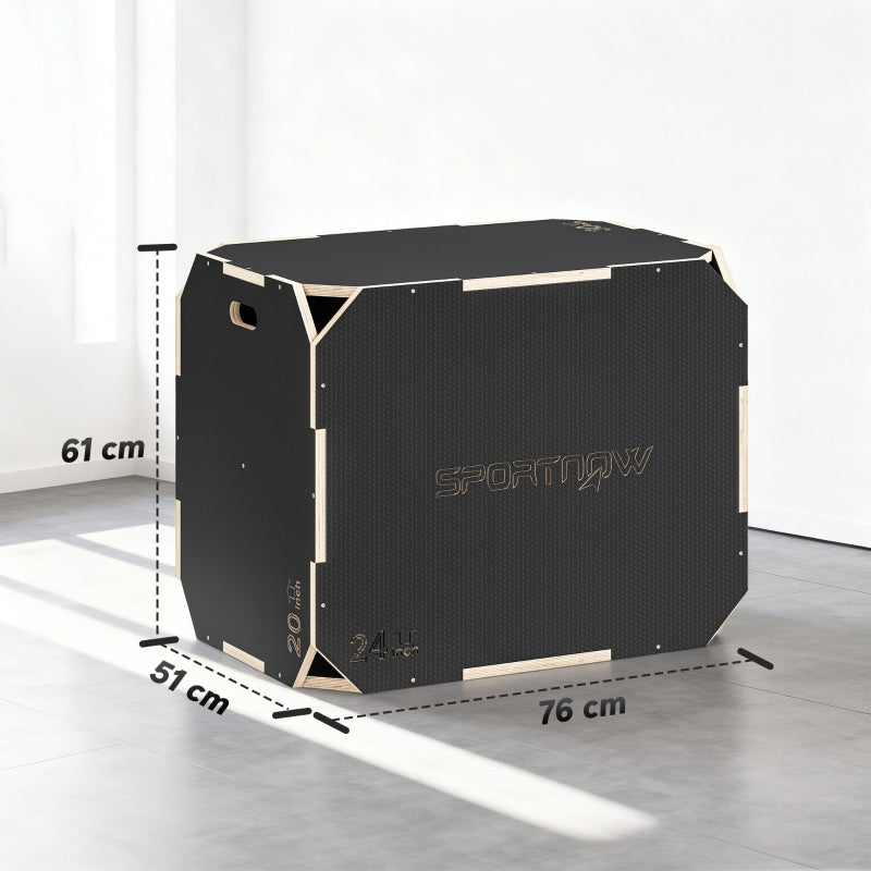 3-in-1 Plyo Box with Handle Openings and 3 Jump Heights, Wood, Black