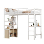 Loft Bed 90x200cm with Desk, USB/Power Outlet, Shelves & Storage - White Iron Frame