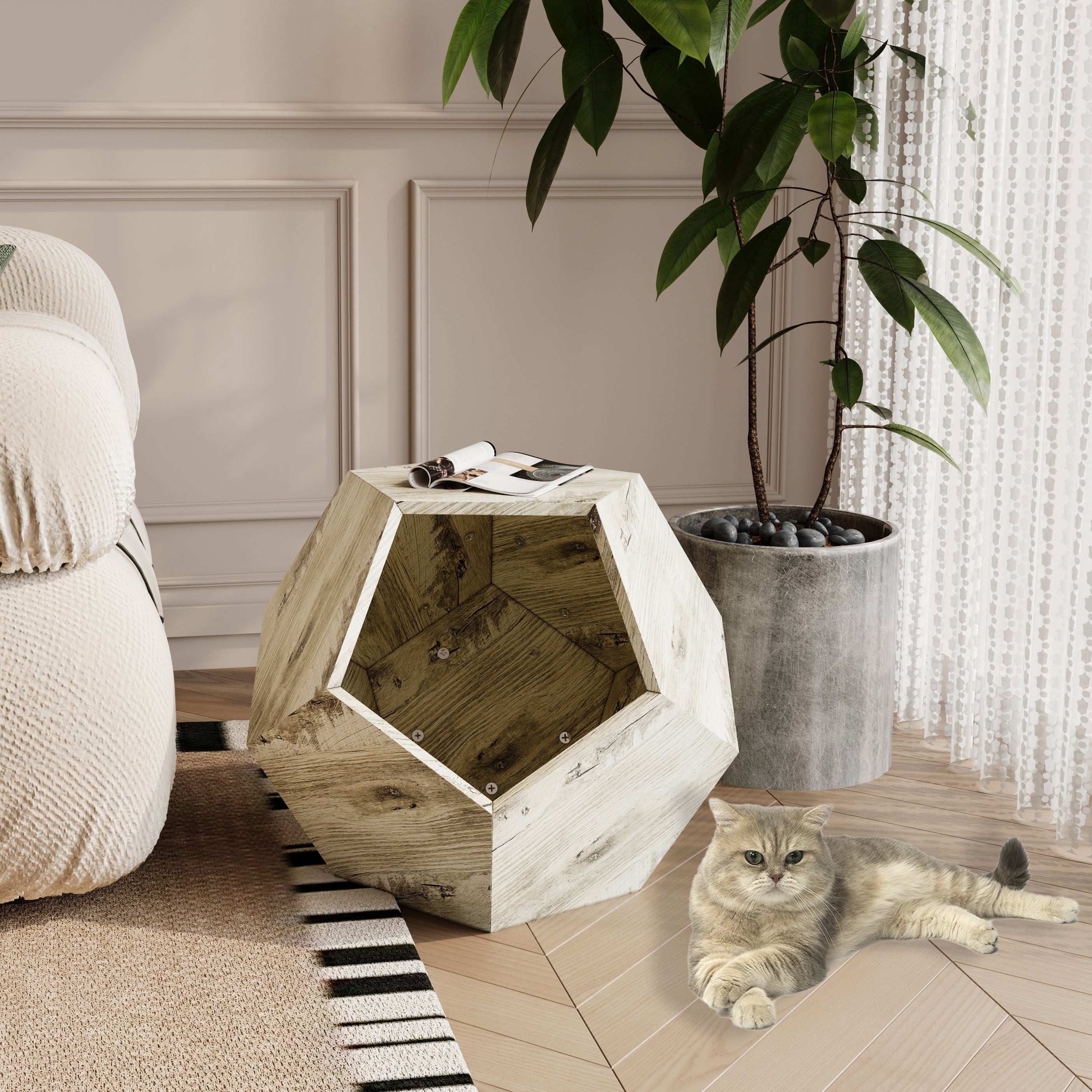 Cat Carrier Sofa Side Table Planter, Modern Multifunctional Furniture, Colored Flower Oak