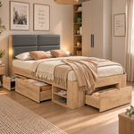 Single Storage Bed 90x200cm with USB & Drawers, Natural Wood