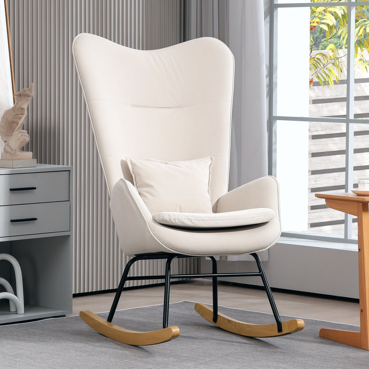 Rocking Chair, Armrests, Velvet, Cream White