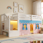 Mid-Height Bed 90x200cm with LED Light & Curtains, White Pine