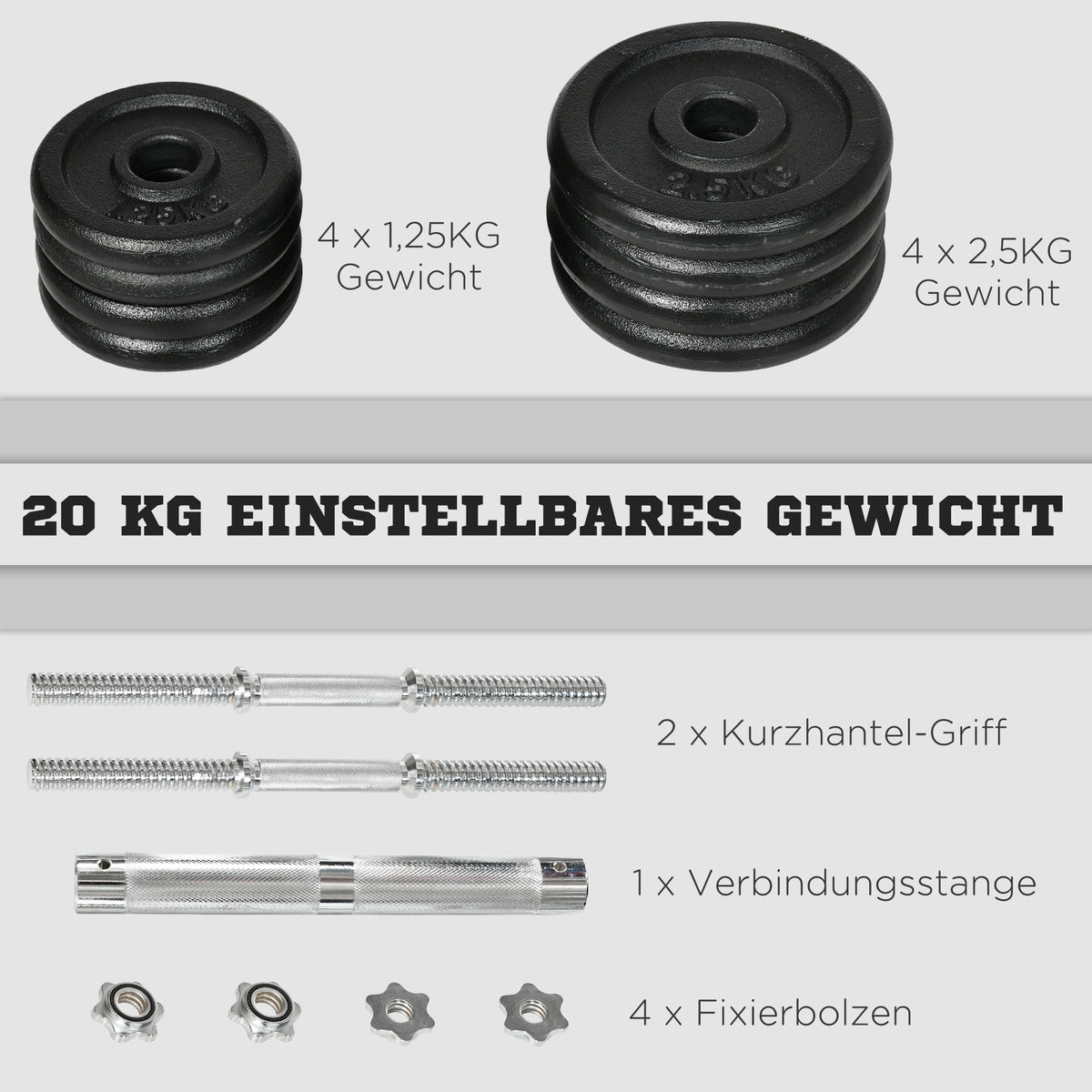 Dumbbell Set 2-in-1, Adjustable 20KG with Barbell, Rust-Proof Metal