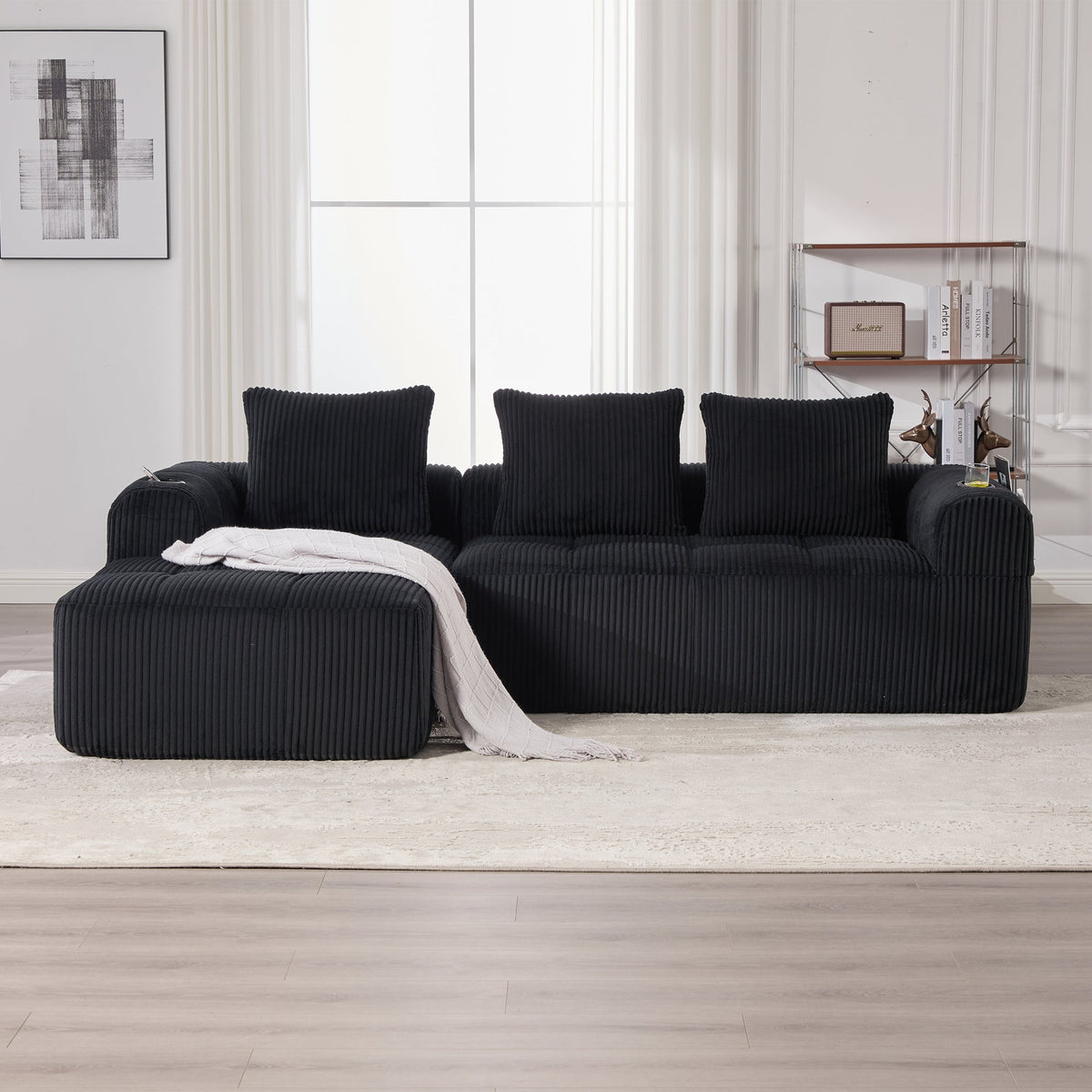 Compact Modular Sofa Side Pocket Cup Holder 3 Cushions - Corduroy Black