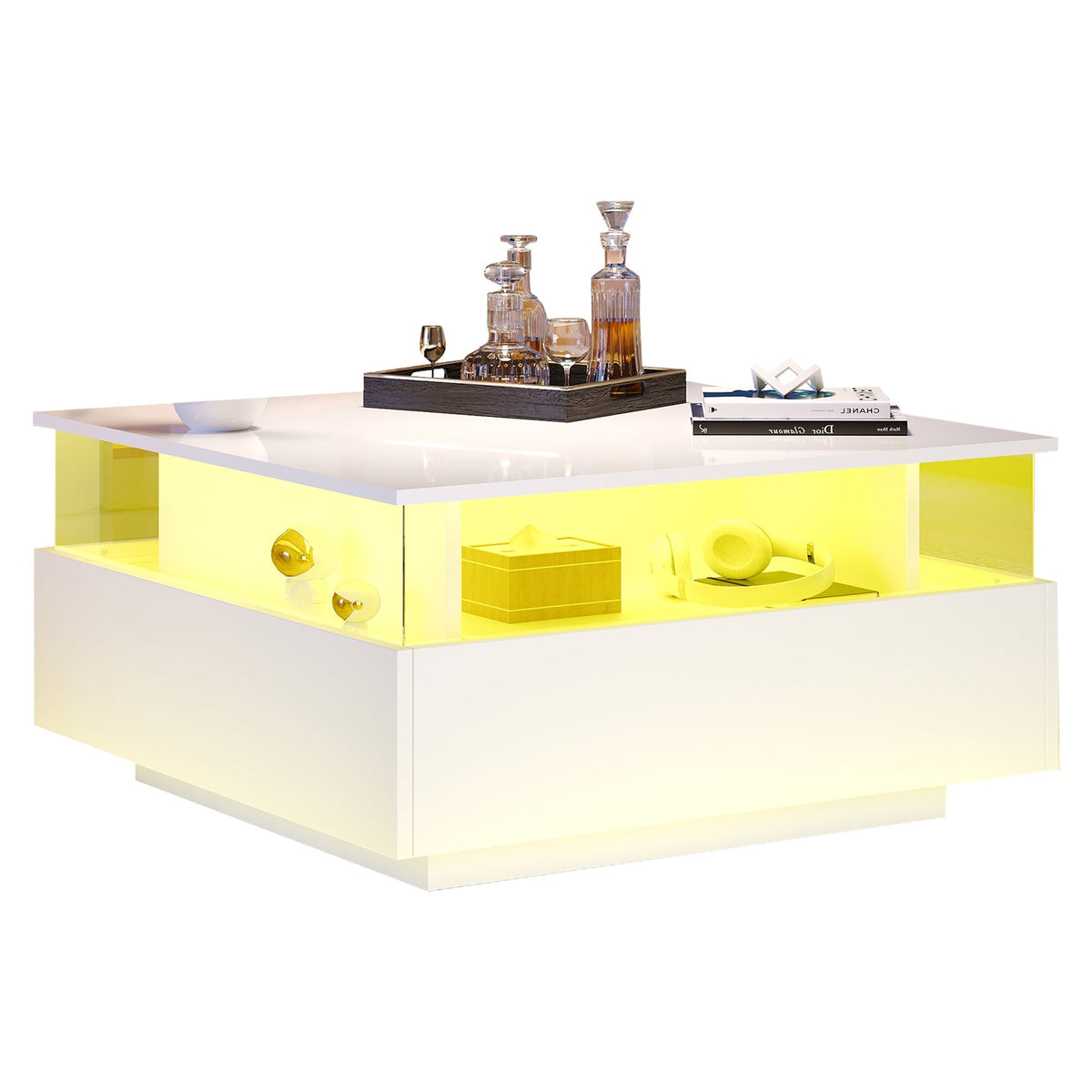 Coffee Table, Modern High-Gloss LED with 2 Drawers, Glass