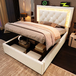 Upholstered Single Bed 90x200cm with LED & Storage, Beige Velvet