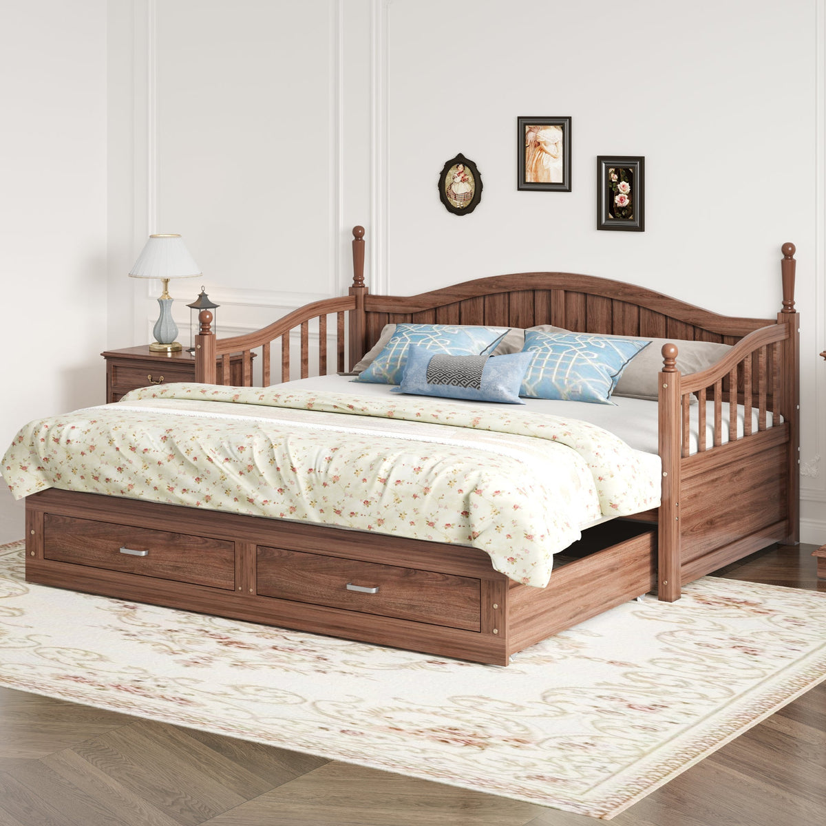 Sofa Bed, Pull-Out 90/180*190cm with Drawers & Slatted Frame, Solid Pinewood Walnut