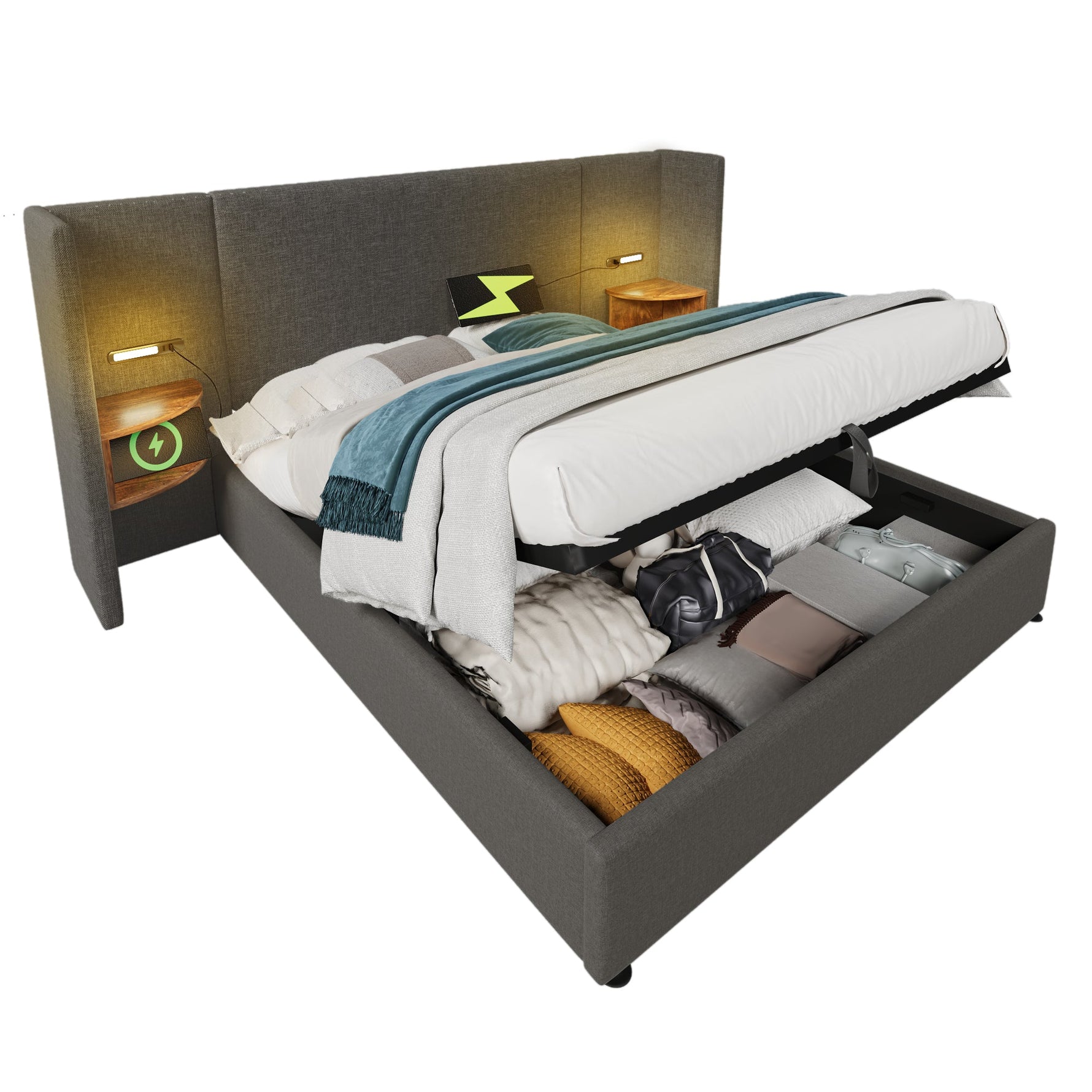 Upholstered Double Bed 160x200, with Bedside Table, Lamp, USB Type-C, Gray Linen