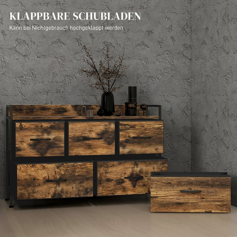 Chest of Drawers, 5-Drawer Fabric, Steel Frame, Rustic Brown