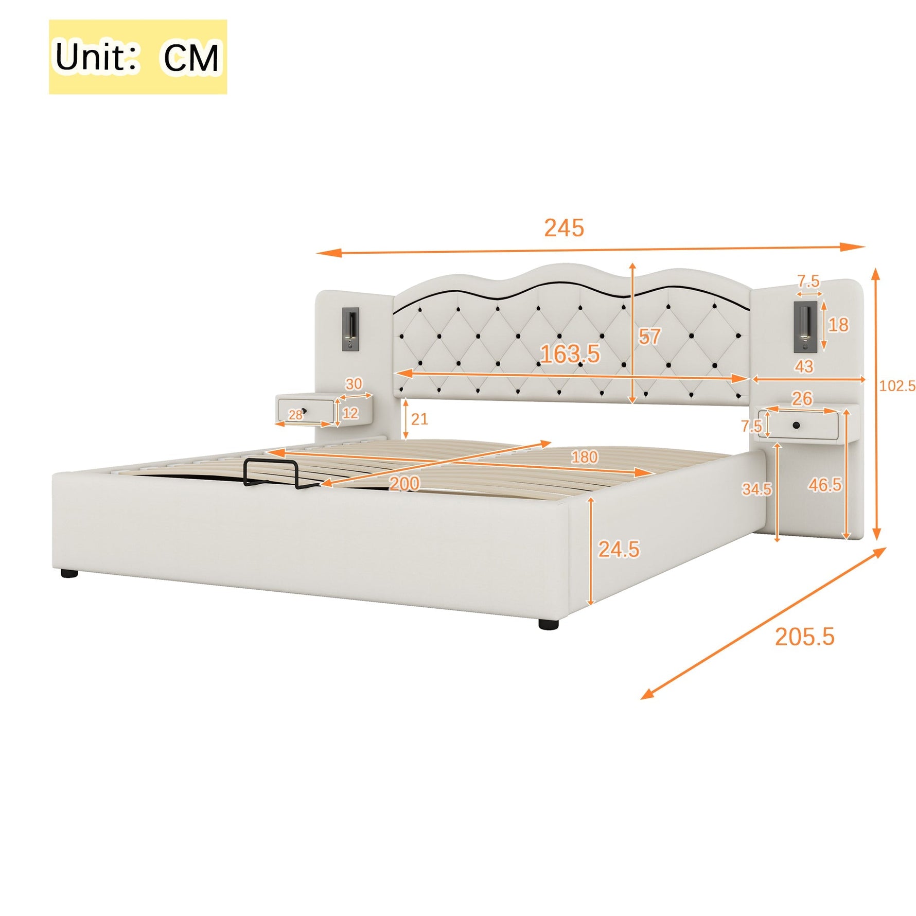 Upholstered Bed 180x200cm Hydraulic Lift Storage Headboard USB Lamps - Beige