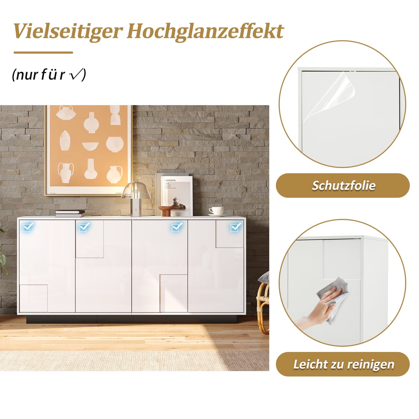 Sideboard 160cm High-Gloss 4 Doors Storage Geometric Design - White/Black