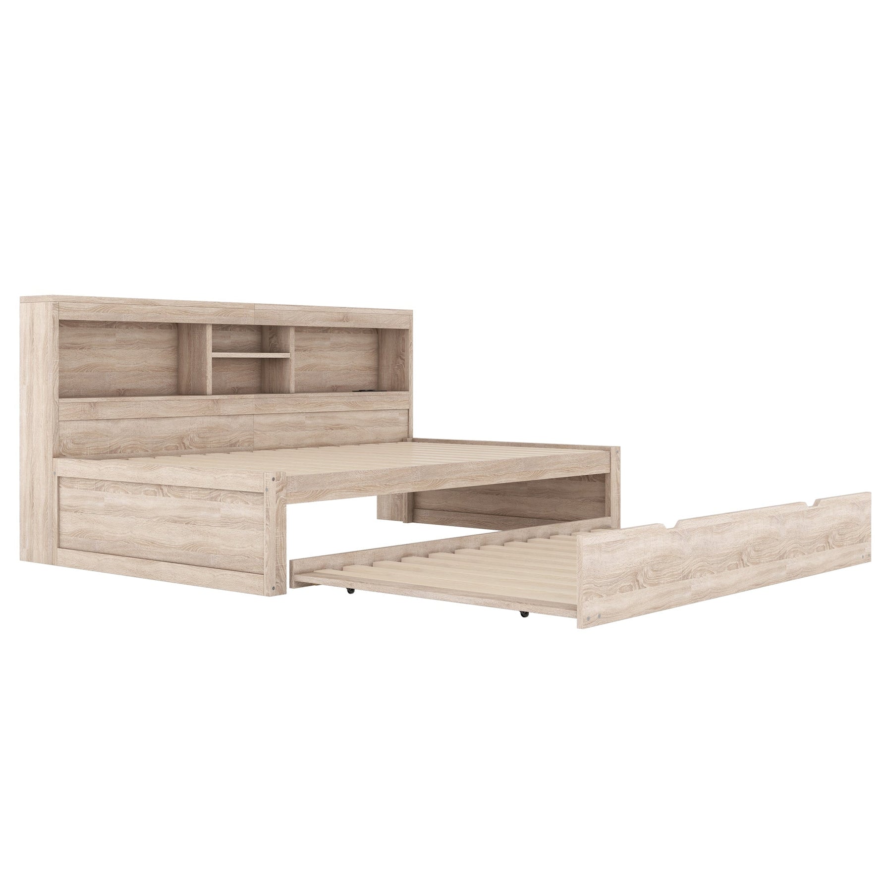 Daybed with Pull-Out Bed, LED Lights and USB Port, Natural Finish