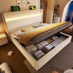 Modern Hydraulic Double Bed 180x200cm LED Storage - Beige Linen