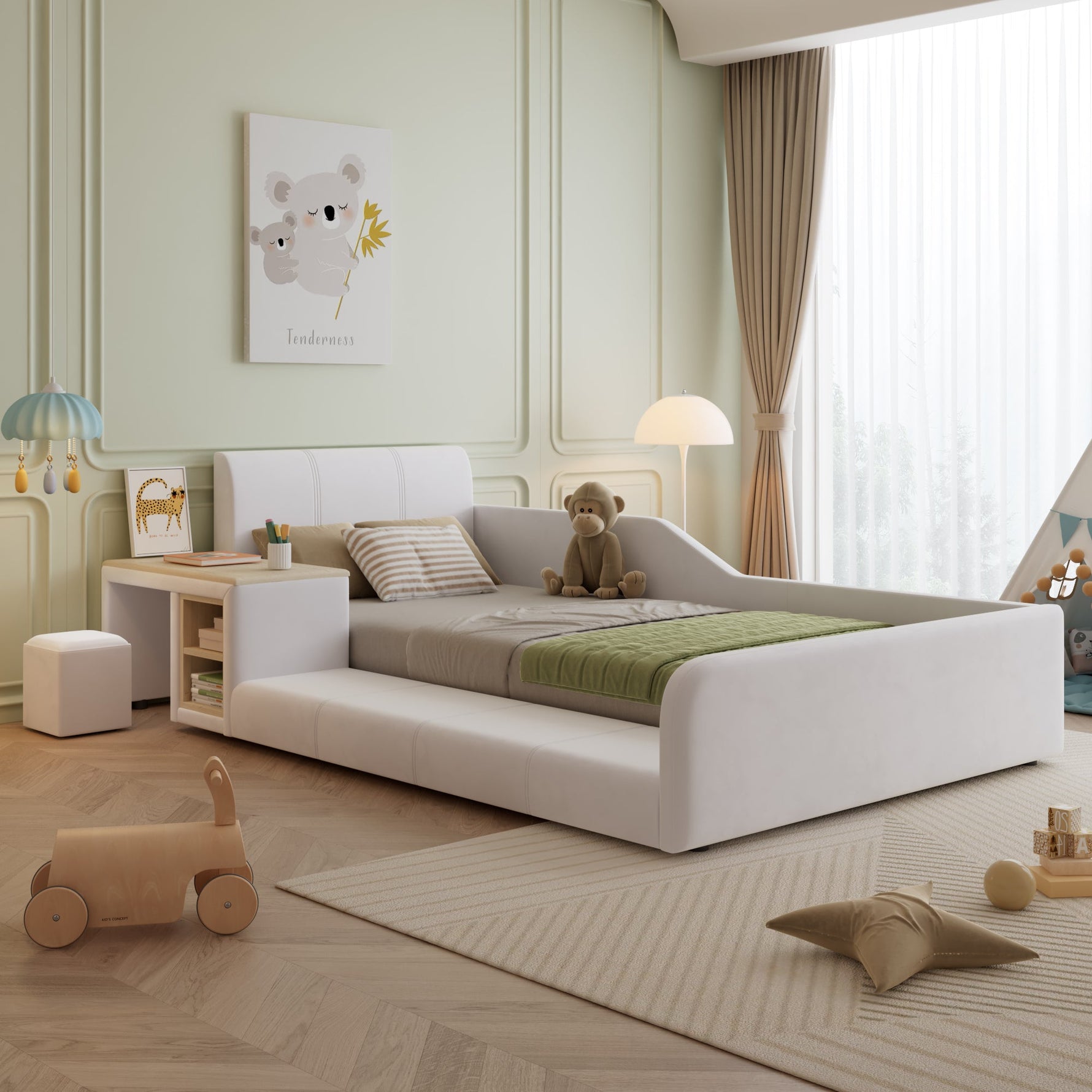 Upholstered Single Bed with Desk, Stool and Storage, 90x200cm, White Velvet
