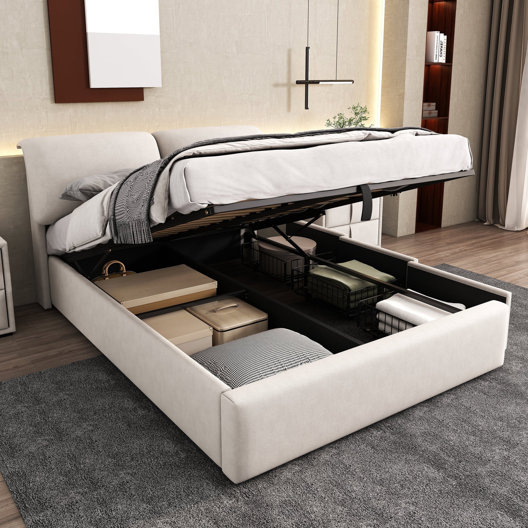 Upholstered Bed 140x190cm Hydraulic Storage 3 Drawers Velvet Beige