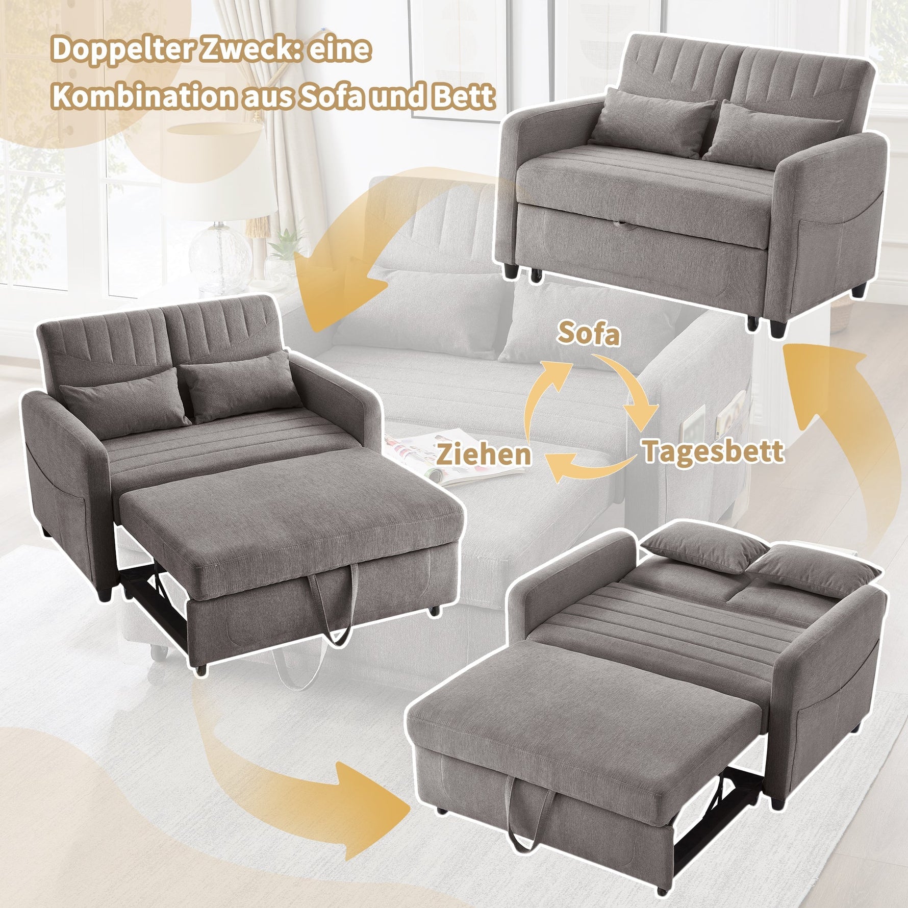 Two-Seater Sofa Bed with Adjustable Backrest and Pull-Out Design, Cotton-Linen Fabric