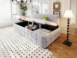 Upholstered Sofa Bed 90x200cm Hydraulic Storage Classic Check Pattern Light Grey Velvet