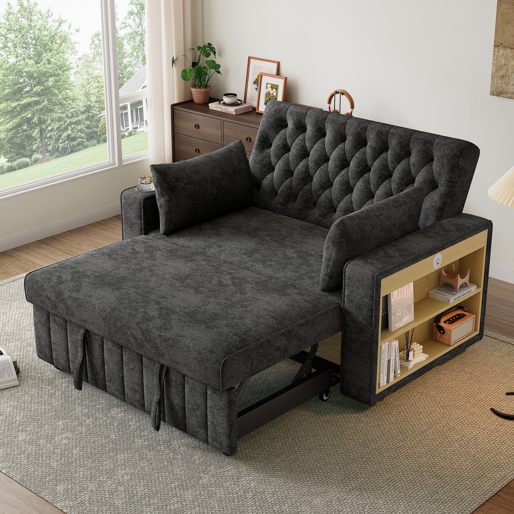 Sofa Bed, Folding with Storage, Cup Holder, USB, Gray