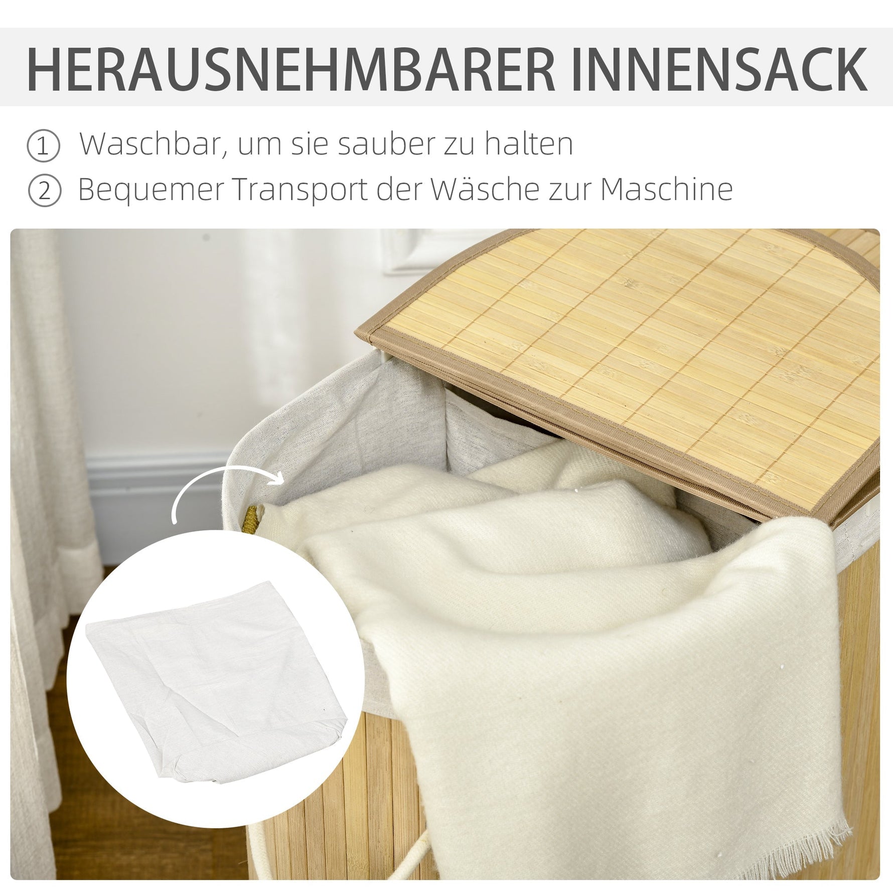 Laundry Basket Sorter 2-Section Removable Lid Natural Bamboo
