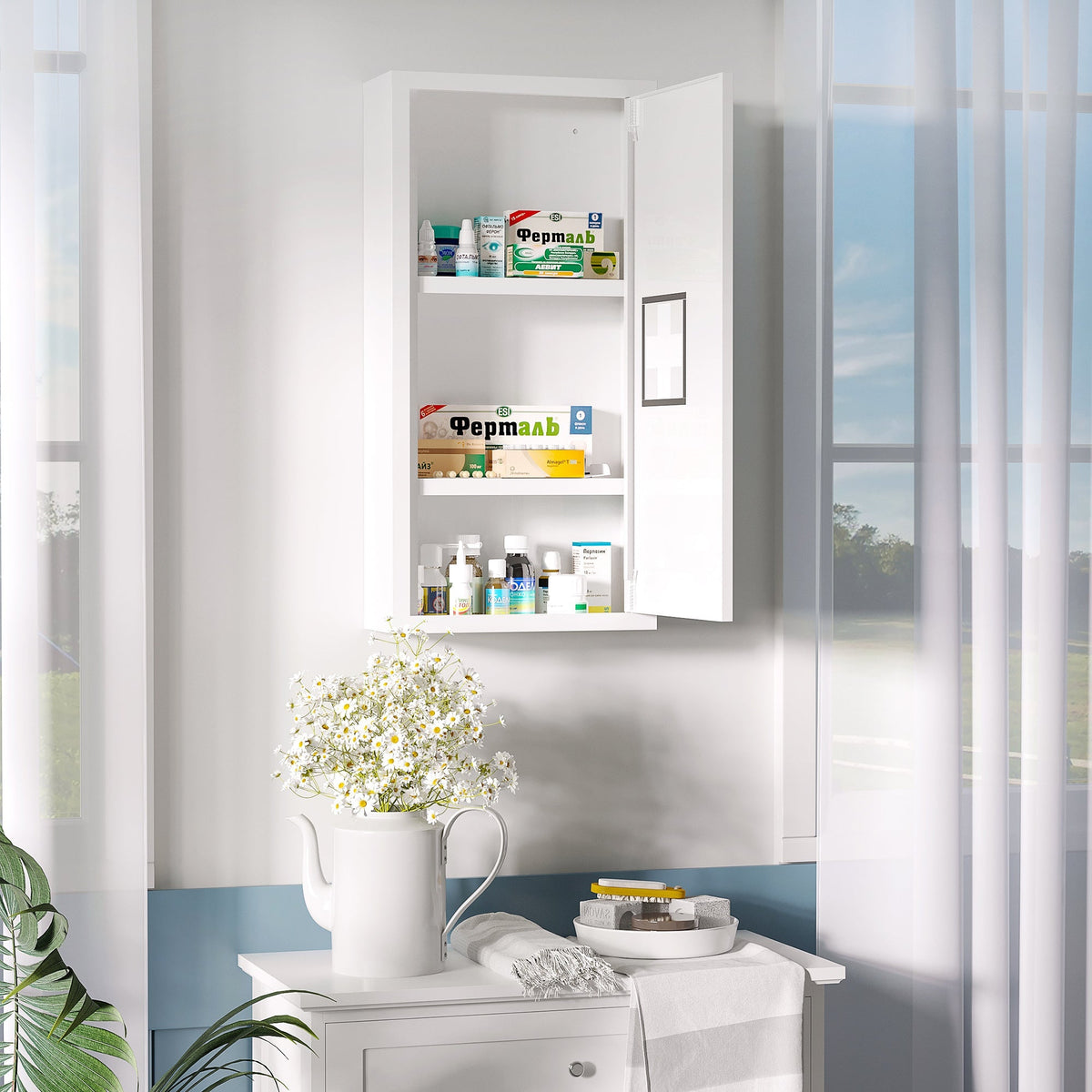 Medicine Cabinet First Aid 3 Inner Compartments Magnetic Closure 40x15x53.5 cm White