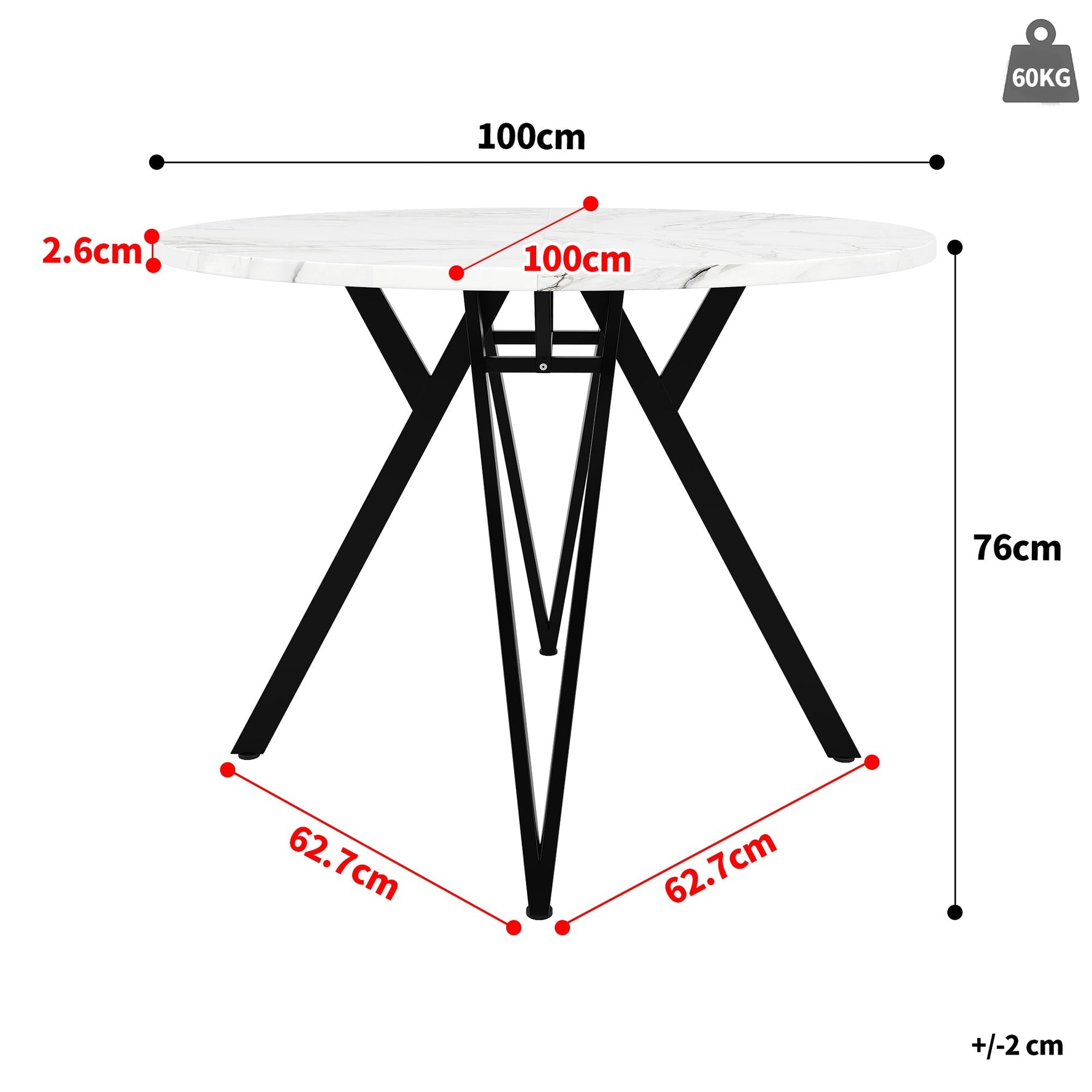 Dining Set 5-Piece Round 100cm Marble Top Black Metal Legs Grey Linen