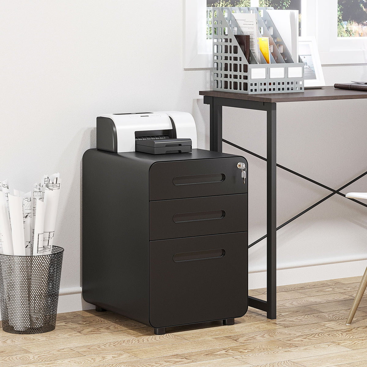 Rolling File Cabinet, 3-Drawer Office Container Steel Black