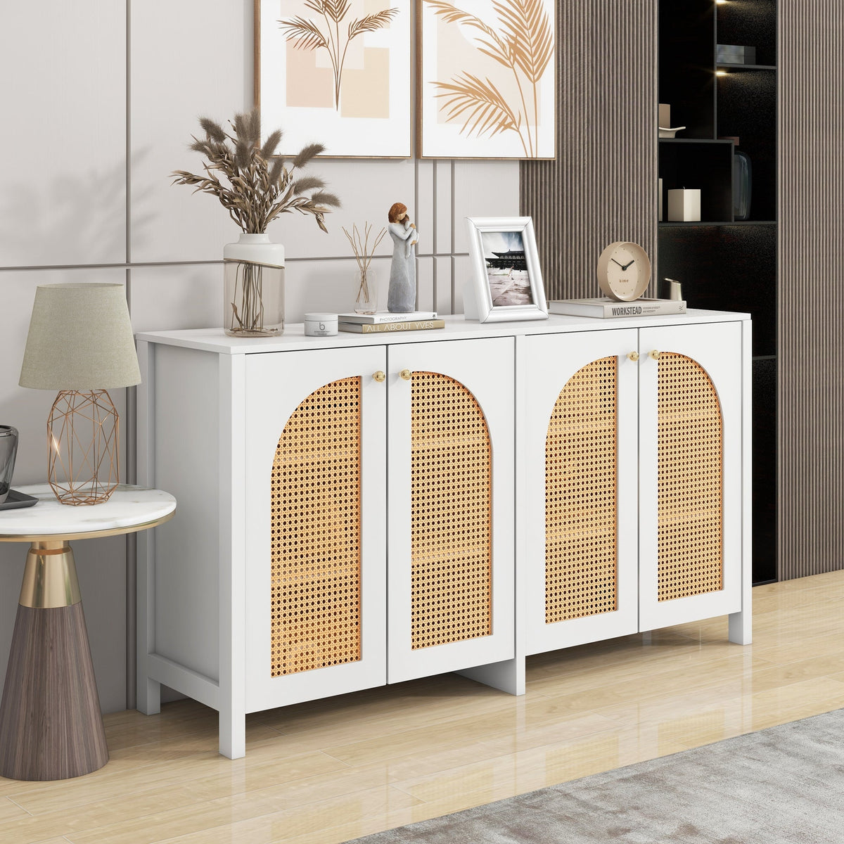 Sideboard, 4 Rattan Doors with Metal Handles, White