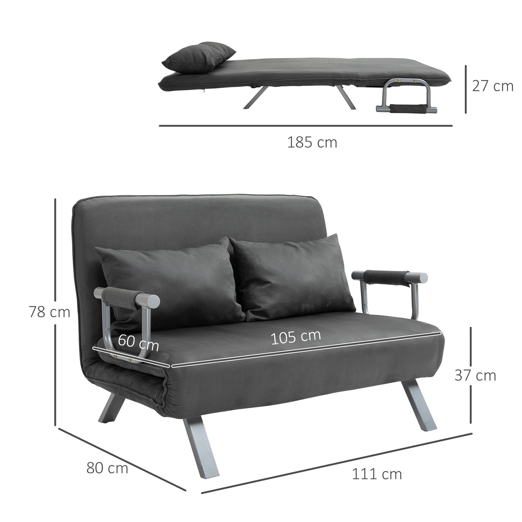 2-Seater Sofa Bed, Armrests Folding Guest Faux Suede Grey
