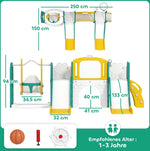 9-in-1 Toddler Slide and Swing Set with Basketball Hoop, Telescope and Drawing Board, Yellow and Green