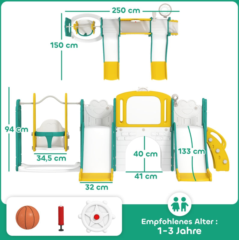 9-in-1 Toddler Slide and Swing Set with Basketball Hoop, Telescope and Drawing Board, Yellow and Green