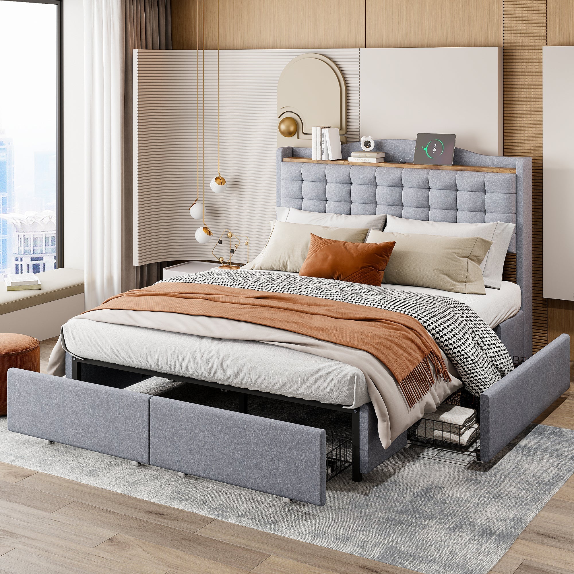 Upholstered Bed 140x200cm with USB & Storage, 4-Drawer, Linen Fabric Gray