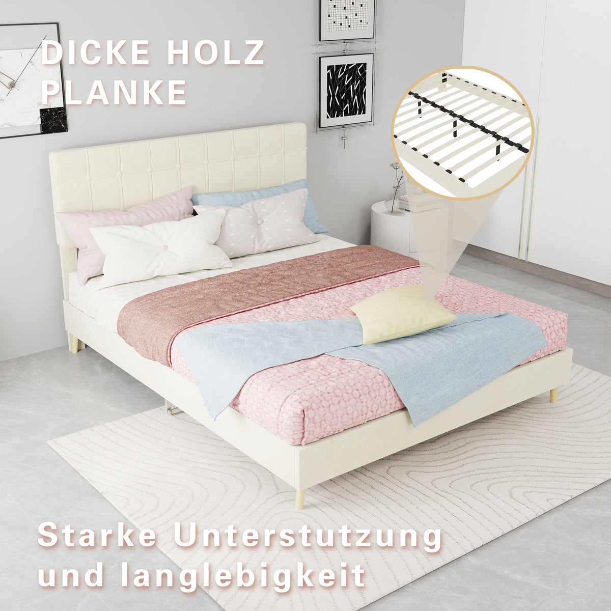 Modern Double Bed 140x200cm with Plaid Headboard, Dark Gray Fabric