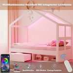 Wooden Bed with Drawers, Shoe Cabinet and LED Lighting, 90x190cm, White Wood