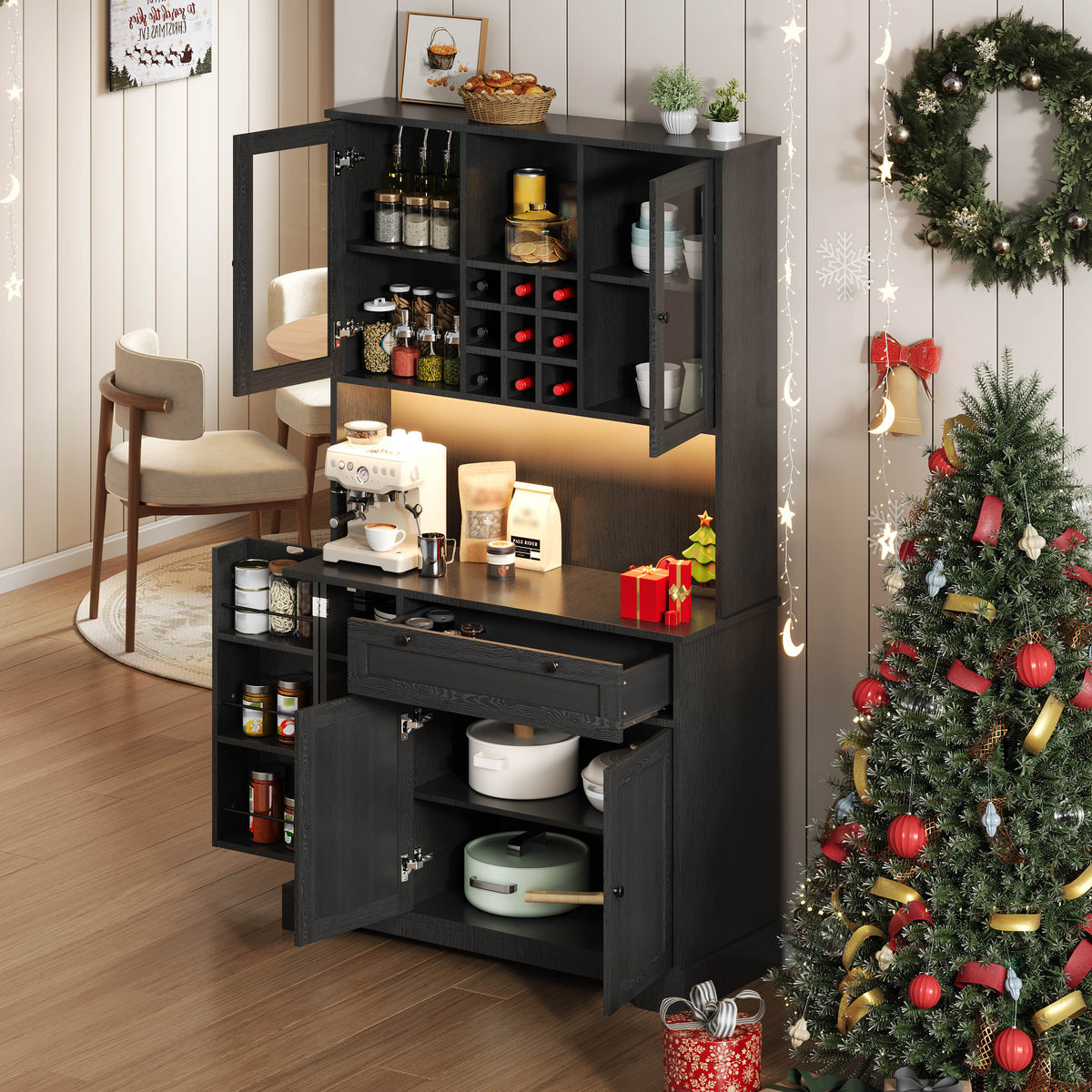 Kitchen Cabinet with LED Lighting, Power Outlet and Spice Rack, 180 x 105 x 40 cm
