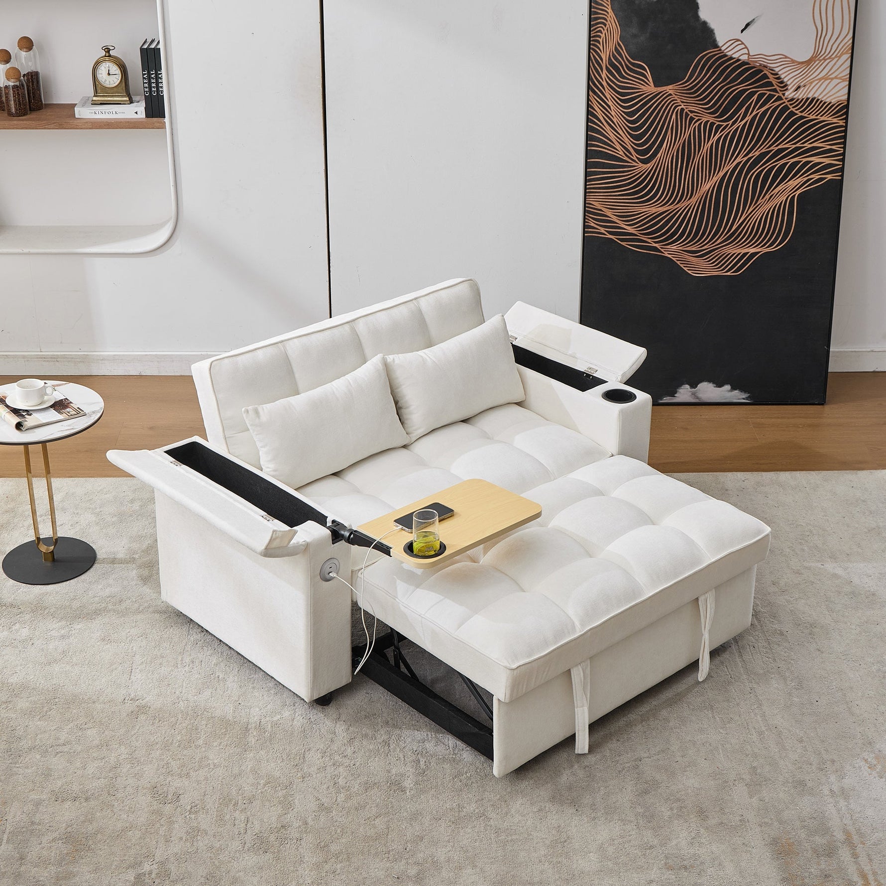 3-in-1 Sleeper Sofa Daybed, Adjustable Backrest USB Port Hidden Cup Holder, Beige
