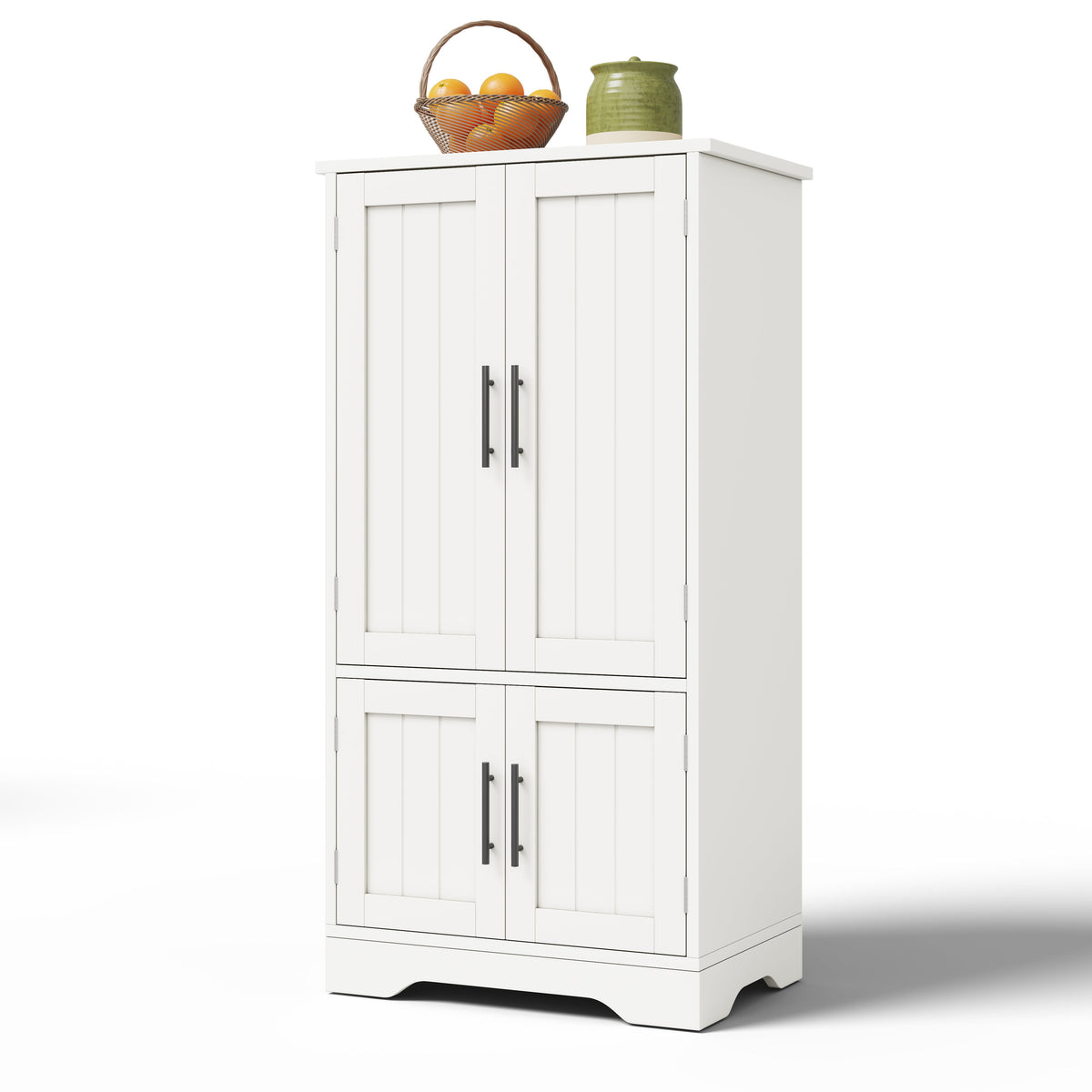 Kitchen Cabinet, LED Sensor Light, 4-Door Storage, Adjustable Shelves, White