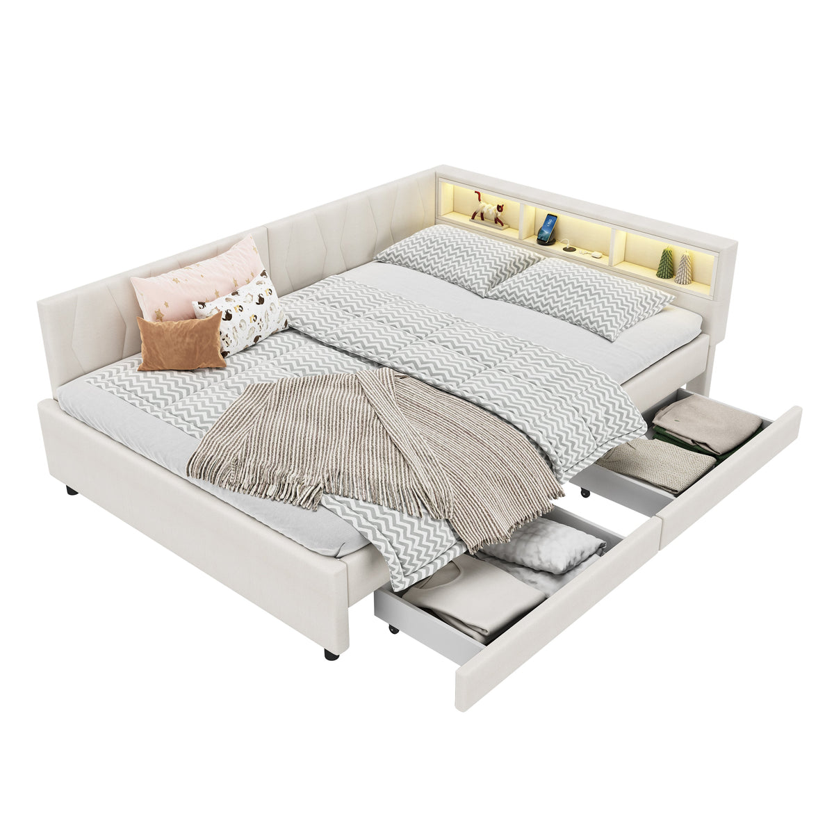 Daybed Sofa Bed 140x200cm Storage USB/Type-C LED 2 Drawers - Linen Beige