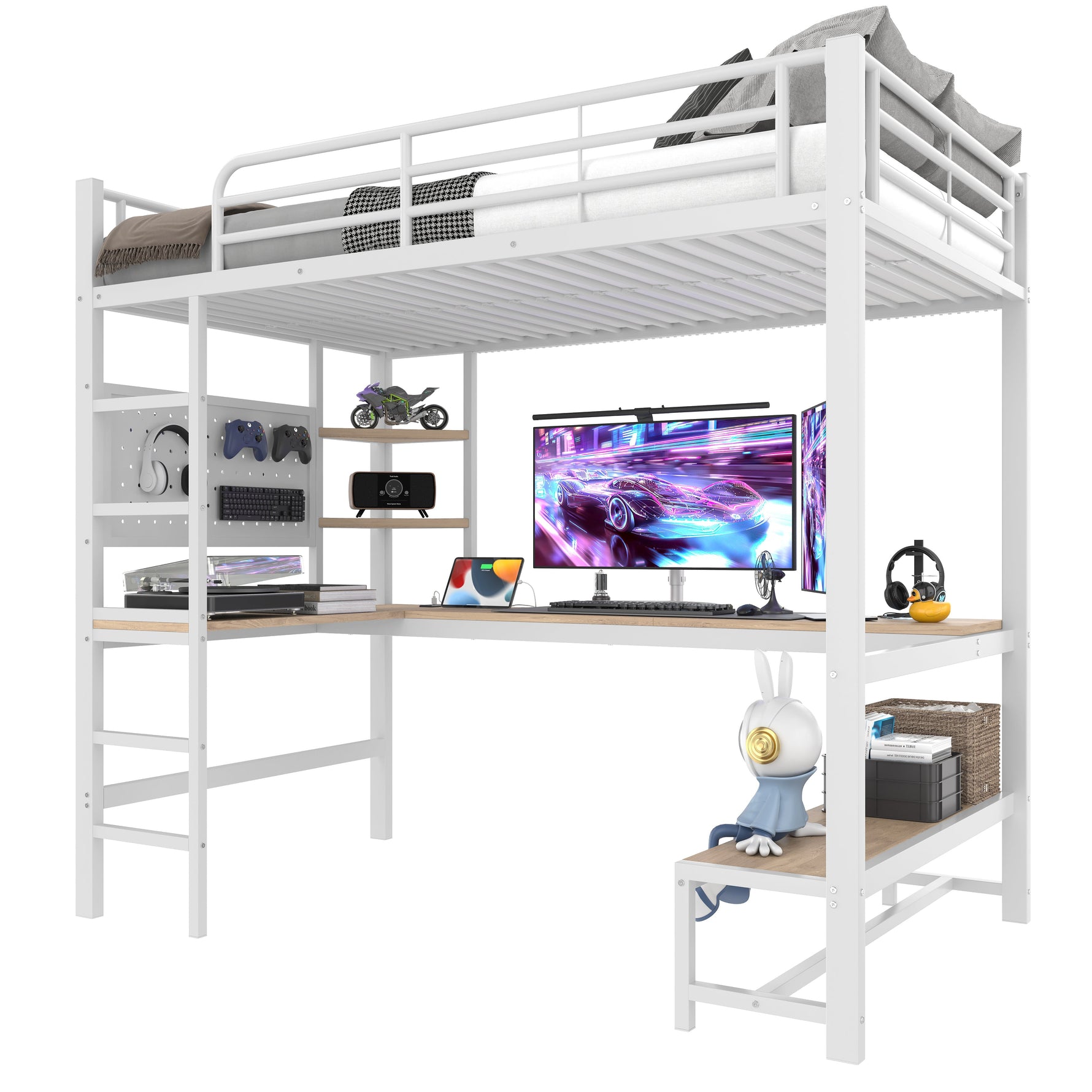 Loft Bed with Desk, USB Sockets, LED Strip and Pegboard, White Metal Frame