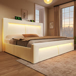 Double Bed with Hydraulic Storage, LED Lighting and Charging Ports, 140x200cm, Beige Velvet