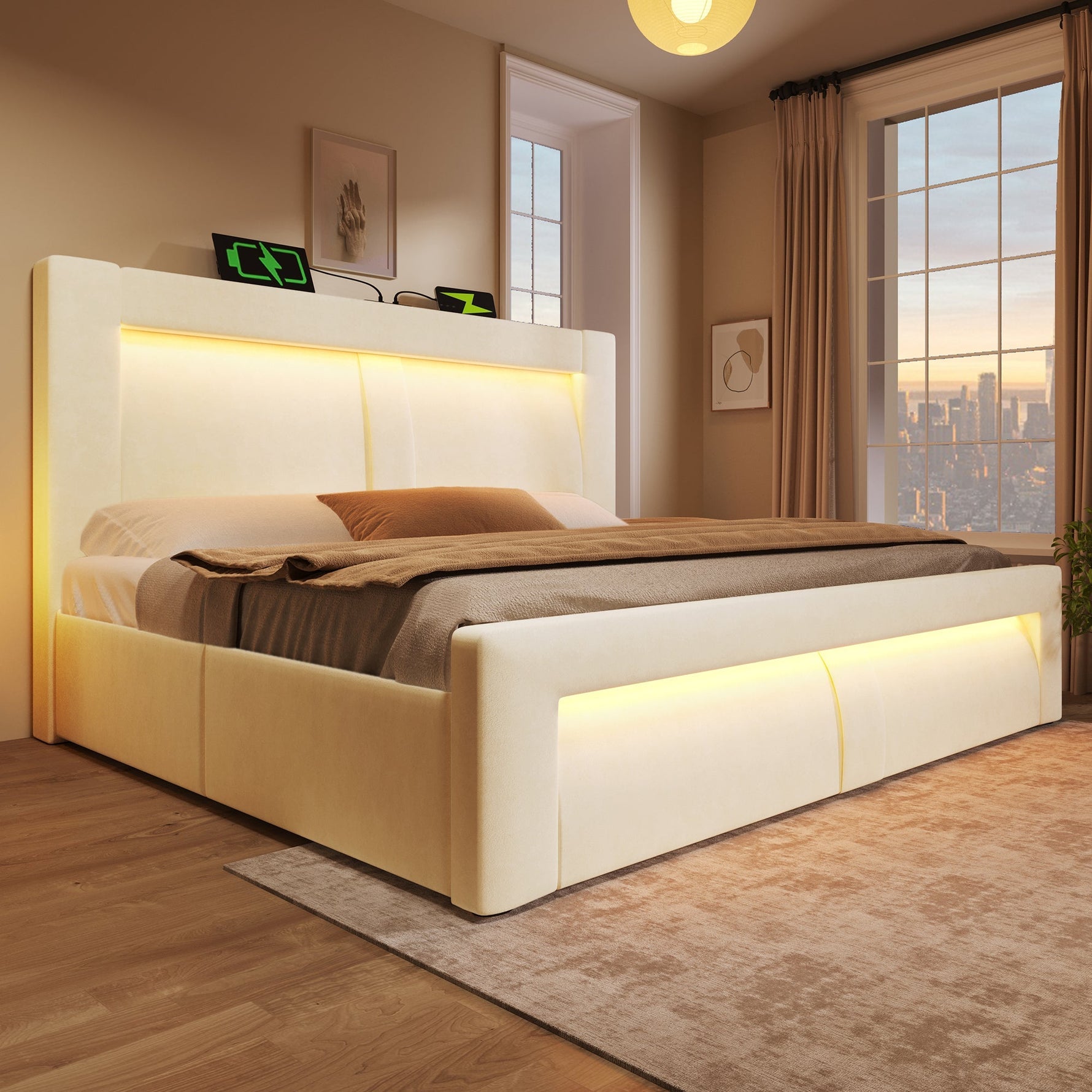 Double Bed with Hydraulic Storage, LED Lighting and Charging Ports, 140x200cm, Beige Velvet