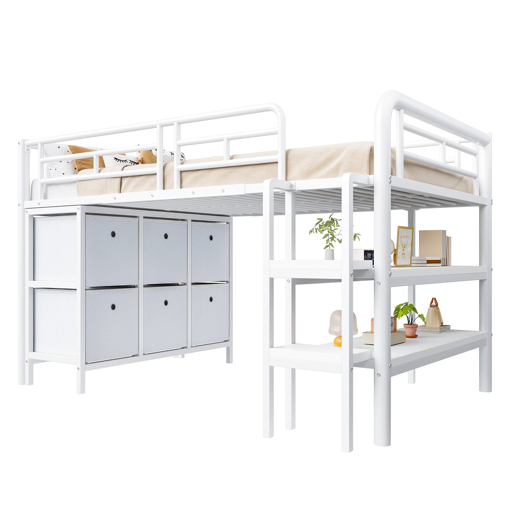 Children's Loft Bed 90x200 with Storage Stairs and Drawers, White Metal