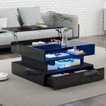 Coffee Table Height-Adjustable Hidden Storage LED Lights Tempered Glass, Black