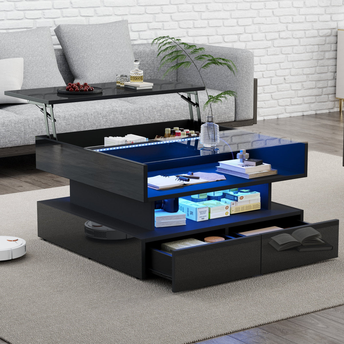 Coffee Table Height-Adjustable Hidden Storage LED Lights Tempered Glass, Black