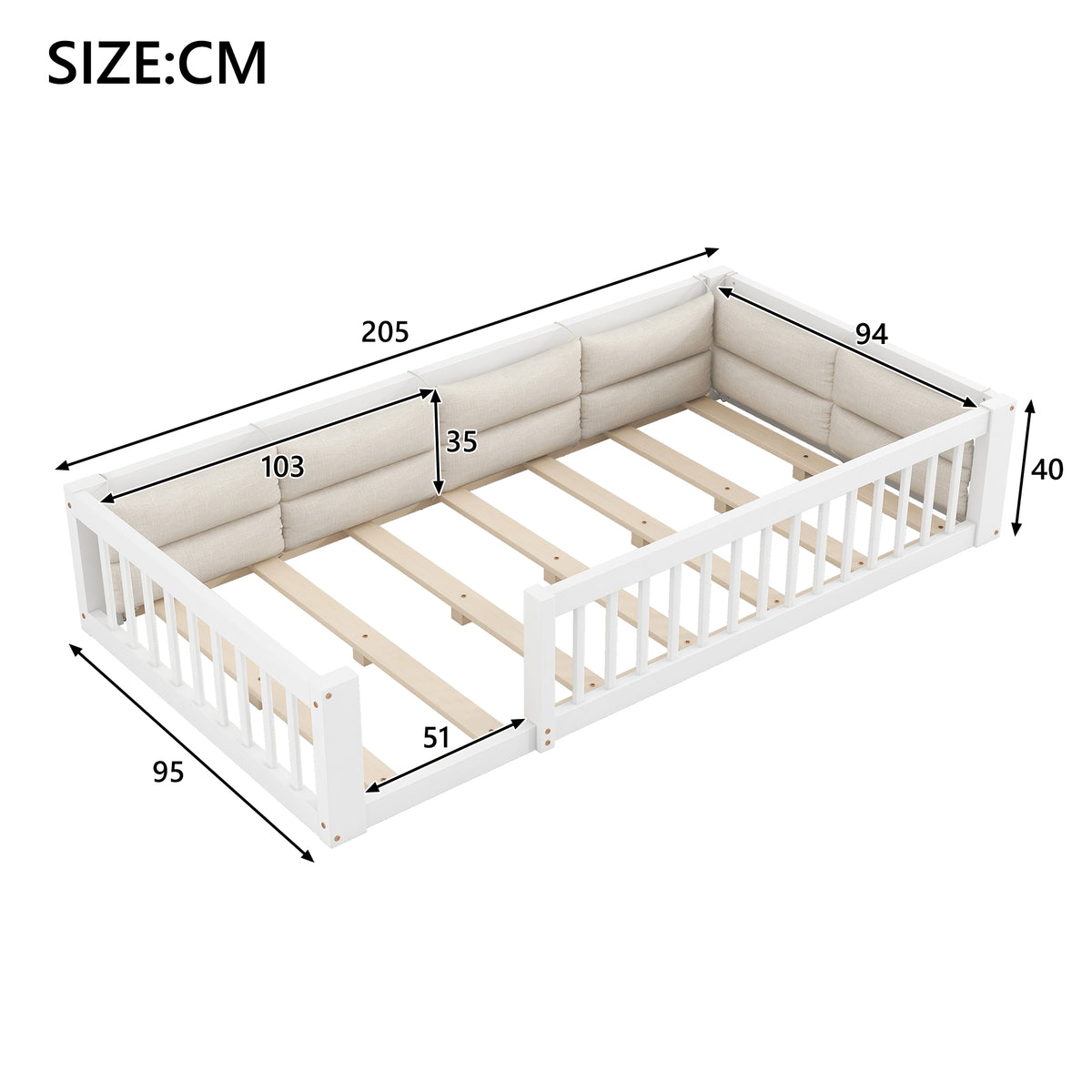 Platform Bed with Side Rails & Pillows, 90x200 cm, White