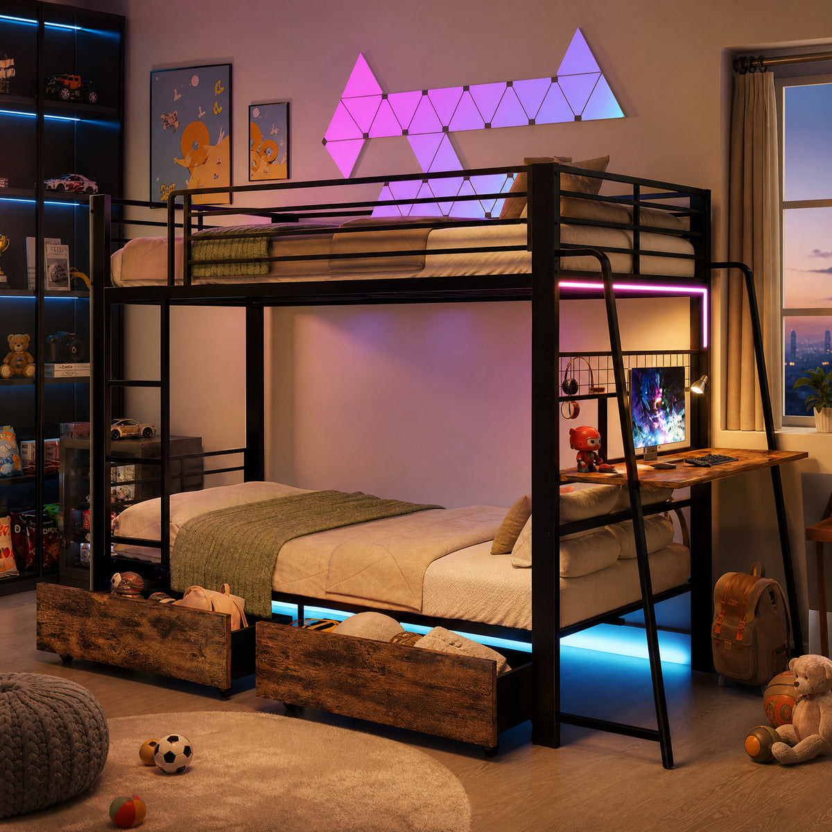 Kids House Loft Bed 90x200cm with Slide & LED, Pink Metal