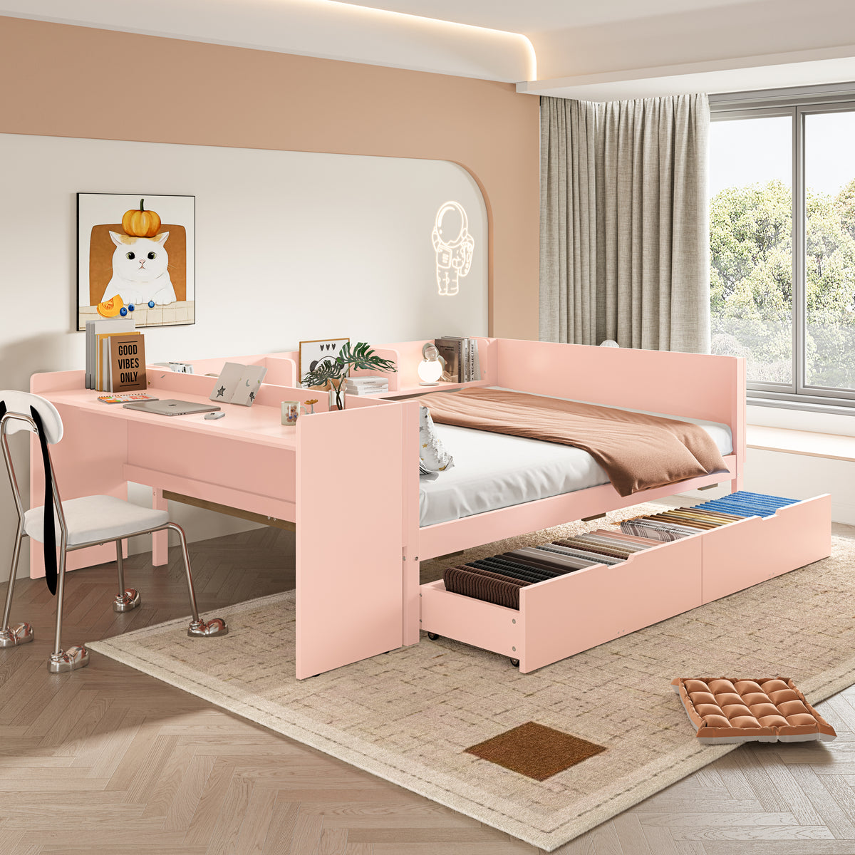 Wooden Double Bed 140x200cm with Desk & Drawers, Pink Pine