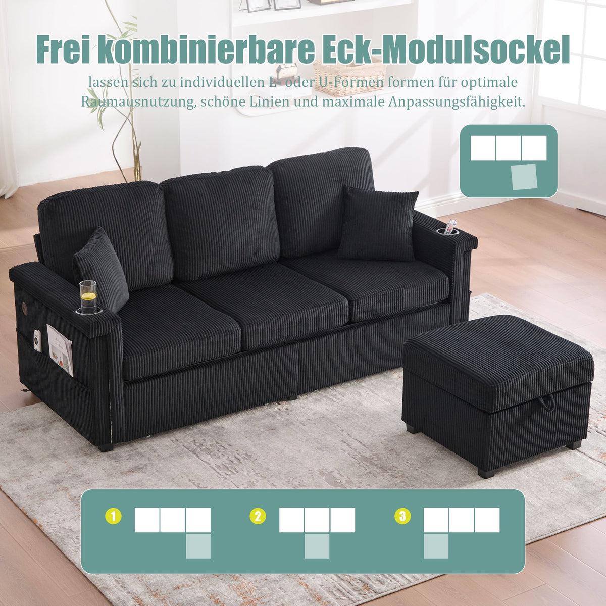 Velvet Sofa with LED & USB-C, Storage Footrest, Cup Holders, Black